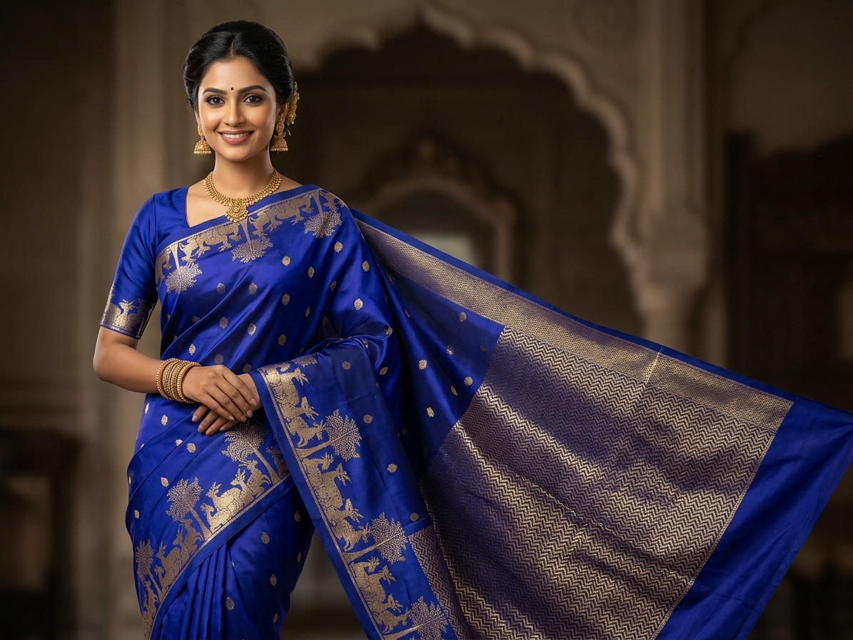 Royal Blue Semi Silk Saree with Golden Border